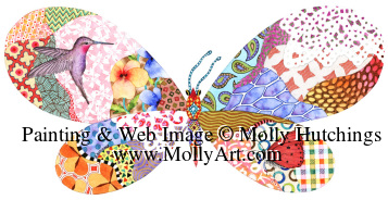 Tiny view of hummingbird on butterfly wings painting