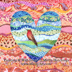 Small view of painting of hummingbird on blue-patterned heart
