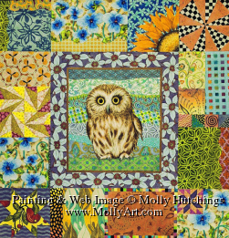 Tiny view of quilt painting with owl at center