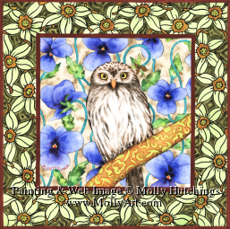 Small view of brown and white owl with a background of blue pansies