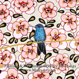 Small view of blue hummingbird on a thin branch, with a quilt-like watercolor background