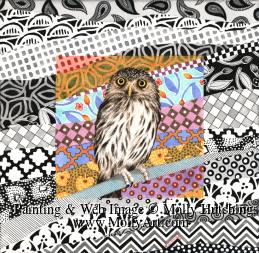 Small view of brown and white owl, with black & white quilt pattern in background