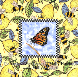 Small view of painting with monarch butterfly in center, with lemons and bees in border pattern