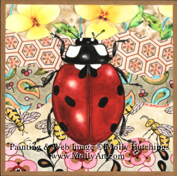 Small view of painting of ladybug on a quilted background