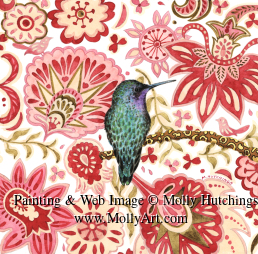 Small view of a green-ish hummingbird on a thin branch, with a quilt-like watercolor background