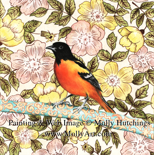 Small view of a green-ish hummingbird flitting across a colorful quilt-like watercolor background