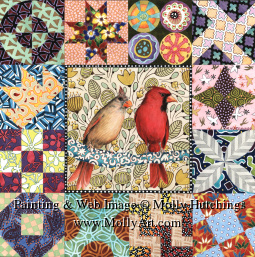 Small view of painting of two cardinals surrounded by quilt patterns.