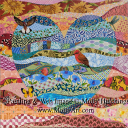 Small view of Oaxacan Rainbow Butterflyite owl with a background of colorful stylized Mexican birds