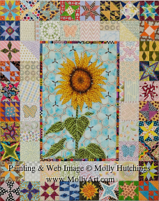 Small view of painting of sunflower on a quilted background.