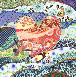 Small view of a red-ish hummingbird flitting across a colorful quilt-like watercolor background
