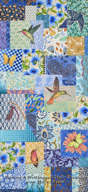 Tiny view of quilt painting with three hummingbirds