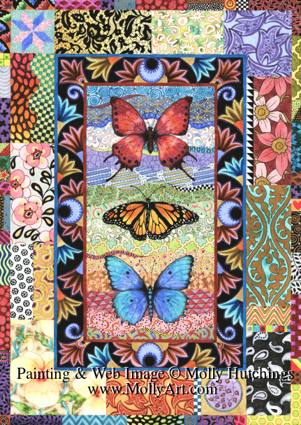 Tiny view of quilt painting with three butterflies