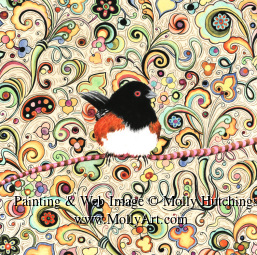 Small view of Towhee Bird with a background of colorful Italian designs.