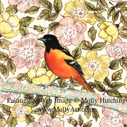 Small view of quilt painting with a robin at center
