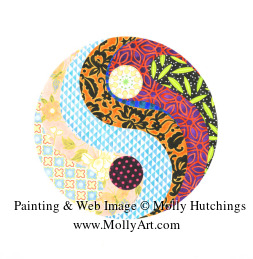 Small view of painting with ying/yang symbols with quilt patterns inside.