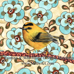 Tiny view of painting with a small, round yellow bird in front of light cyan-colored flowers.